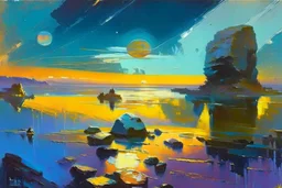 Exoplanet in the horizon, stones, lake, blade runner influence, realistic painting, lesser ury and konstantin korovin painting