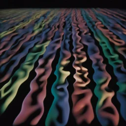 Flat surface, illuminated by a powerful light, but in the background impenetrable darkness reigns. in the foreground, forming a row that goes from right to left, a series of meaningless shapes of flesh-like material, light in colour, similar to socks filled with fabric, or similar to spindles, cylinders, follow one another without interruption, Yves Tanguy style