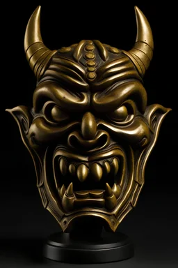 sculpture of a samourai warior head, oni, mouth open, angry face, warrior in black and gold