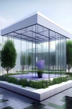 A square-shaped glass building with a relatively small floor that has calming and fragrant plants such as lavender and usable and edible plants such as tea for sale and has a meditation room with the sound of birds, rain and water drops, suitable for people who seek peace. need