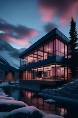Lake house, pink facade, stone facade, black glass frame, views of the snowy mountain hills of Aspen, blue hour, realistic vray, 8k, modern architecture 8k 8k]