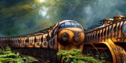 steampunk derelict trains stacked on top of each other in the forest, autumn, covered with vines, plants, cogs, gears; epic lighting, cinematic, brilliant, stunning, intricate, meticulously detailed, dramatic, atmospheric, maximalist, digital matte painting, mysterious, ominous, crepuscule, sharp focus, Moebius, golden hours