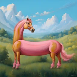 a pink horse whit a big man sit it like a 19th painting