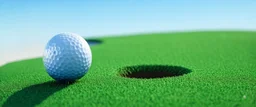 golf ball with shadow next to the hole, ground is short groomed green grass, clear blue sky, add texture and depth, realism