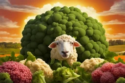 lifelike photography, vegetable and fruit landscape, broccoli forest, chive field, cauliflower sheep, orange sun, whipped milk clouds, raspberry flowers, cheese barn and haystack in sunshine, surrealistic