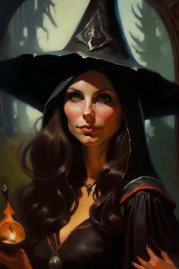1970's dark medieval fantasy cover dnd style oil painting of a pinup abella danger witch in a minimalist far perspective.