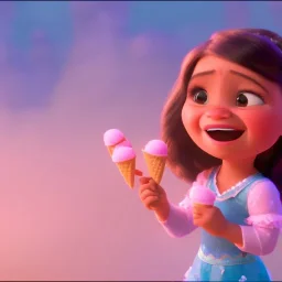 cute, adorable, smileing girl eating ice cream, candies flying all around her, Pixar, disney, cinema lighting, gaming, 8k, magic, love --q 1 --v 4