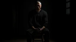 ، يظهر رجل جالس على كرسي في غرفة مظلمة. وجهه غير واضح، لكن يمكن رؤية عينيه مغمضتين. الرجل يرتدي ملابس سوداء، ويبدو أنه في حالة من الهدوء والتأمل.