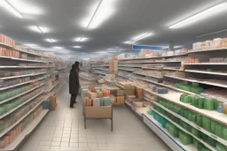 can you please generate an image of supermarket in a refugee camp that sells imported goods like clothes, bottled water, cleaning products ect