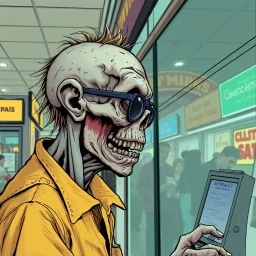 long shot profile decaying shambolic zombie in an 1980's mall at a sunglasses kiosk who is looking into mirror with sunglasses on, by Simon Bisley, digital illustration