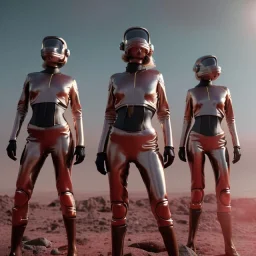 Ultra Realistic retro sci-fi movie scene, waist up view portrait, 5 clones blonde women, sweet young Kate moss face, perfect iris, glow eyes, face makeup, with weapon. Mars background, Retro sci-fi style, helmet, tight latex coat, fog, rain, soft color, highly detailed, unreal engine 5, ray tracing, RTX, lumen lighting, ultra detail, volumetric lighting, 3d, finely drawn, high definition, high resolution.