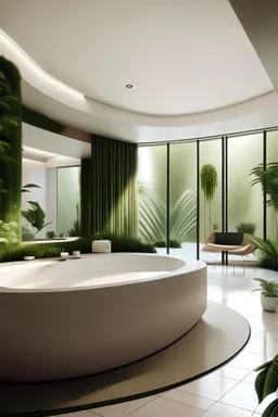 habitación con doble cama de un hotel minimalista con jacuzzi y mucha vegetación