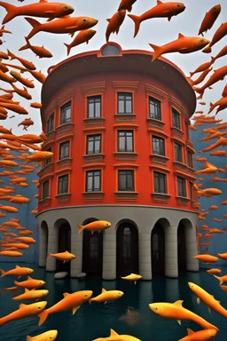 A crazy surreal incandescent building with flying fishes by artist "Sandy Skoglund",by artist "Hundertwasser",by artist "Victor Enrich"