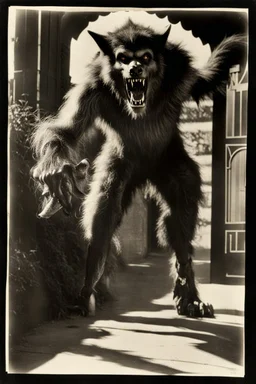 Photograph of a werewolf prowling a Hollywood movie lot. B/w, date approximately 1922.