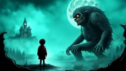 gentle, protective monster protects and hugs the alone sad child against bad high dark evil people, random background random, deep dark color, , moon, mist, rain, highly detailed, weird , surreal dark fantasy mood style like T. Burton