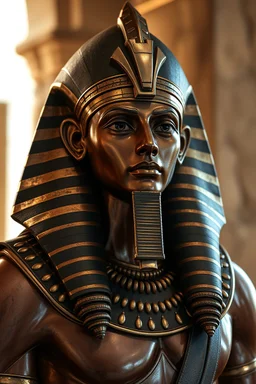 Create an image of an epic looking Egyptian warrior from a museum . Make it look like an old picture with lighting like a modern AAA fantasy RPG. Show the whole body and metallic hat