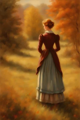 Masterpiece, best quality, Thomas Kinkade style painting of Anne Shirley from behind standing in a field, autumn, oil pastel style, vintage, painted by Thomas Kinkade