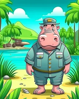 hippo as tourist guide wearing tourist guide uniform, safari landscapebackground, colorful, high quality, high details, realistic