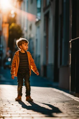 little boy that is standing on a sidewalk, inspired by Louisa Puller, trending on unsplash, viennese actionism, anamorphic lens flare, dynamic pose, shallow depth of field