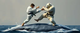 close up on karate kid in kick boxing polar bear match on top of whale, painted by rembrandt
