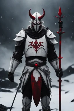 The character, depicted in a striking white armour against a dark wintry backdrop stands with his hands behind his back inside the scene, he has a red and black circular symbol on his chest like a shield, a black pointed spear with a red handle on his back, His eyes are showing a dynamic yet menacing expression and he wears a black oni mask with white teeth covering the bottom part of his mouth he has brown shoulder pads and a white karate belt with a bag attached to it. He has dark brown hair.