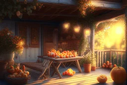 A cozy cottage porch terrace in sunshine with fairy lights hanging from the rafters fruits and food on a wooden table detailed matte painting