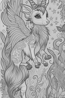 coloring book page of a magical animall, monochrome, blacn and white, sharp, sketch drawing