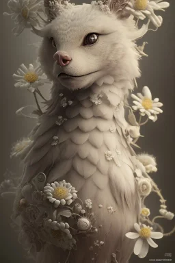 Victorian animal with white flowers, in the style of Camilla d'Errico, hyper detailed, beautiful, complex, trending on artstation, cinema4d, cryengine, national geographic photo, chiaroscuro