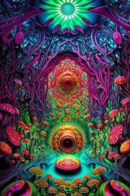 Illustration, Psychedelic art, human eye in a forest full of colourful mushrooms, vivid colours, intricate details, maze, gears, in the style of H.R.Giger, , ultra detailed, photorealistic, top light, 35mm lens, fish-eye