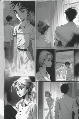 black and white story board, Cut back to the chefs, all of whom roll one sly look at the boy and the girl they switch to the establishment. The shot is through the boy and the girl in the foreground seeing only each other their bodies and between them (if the girl is on the left a the boy on the right and they go right in frame) in the middle we see gives from the cooks, and the third behind the girl (left of frame), scattered throughout the kitchen must have been thrown at them look.