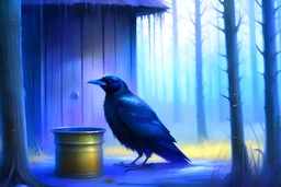 Generate an image of crow with eyes widened in surprise as he spots a shiny bucket near a cottage. Emphasize the contrast between the dry forest and the hint of water near the cottage.