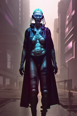 cyberpunk saggy granny woman, abandoned sci-fi town, future, sci-fi