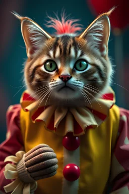 Photo Realistic, 8k. A hyper-detailed. A stunning concept model, Postproduction and HDR enhance, making it a masterpiece of ultra-realistic. Funny British breed cat in a clown costume from the movie It