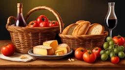 A realistic still life painting of a rattan bucket made of rattan woven straw, filled with a variety of baked Italian and French breads, cheese and few bottles of homemade wines, and fresh tomatoes already picked up. The rattan bucket is placed on a oak wooden table with a handmade tablecloth appealing color, and some of the produce spills out of it onto the table, creating a contrast of colors and shapes