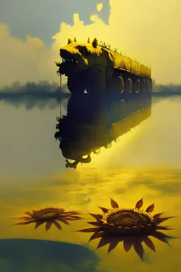 yellow water of lake with bridge of sunflowers and tanks and in fuggy sky with dim sunlight