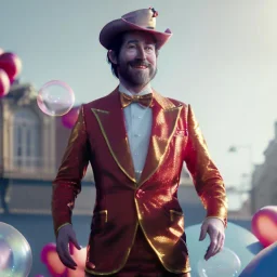 Ultra realistic circus scene. dancer man, waist up view, Wes Anderson style, happy, bubbles, party, confeti, highly detailed, concept art, unreal engine 5, god rays, ray tracing, RTX, lumen lighting, ultra detail, volumetric lighting, 3d, finely drawn, high definition, high resolution.