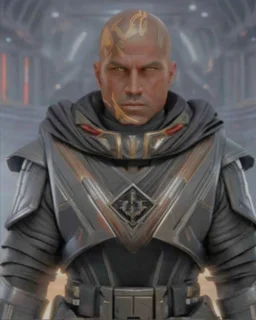 star wars bald male corellian pilot wearing pearlescent black and gunmetal grey First Order special forces heavy assault armor with gold and metallic red trim inside the jedi temple, centered portrait, hyperdetailed, dynamic lighting, hyperdetailed background, 8k resolution, volumetric lighting, light skin, fully symmetric details