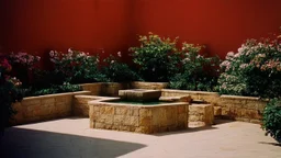 35mm film photography, A serene courtyard designed in the style of Luis Barragan, featuring a combination of stone and colorful materials, with a small fountain in the center surrounded by flowering plants and shaded areas., high detail, monochromatic hue, minimalistic risograph duotone design effect, two color palette, veiled contrast, redscale, red light leaks, warm, bright sunlight