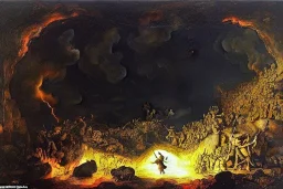 Hades at the edge of the Underworld, rocks, painting, fine brush strokes, high quality, masterpiece, greek mythology, insane detail, Neo-Impressionism, dark colors, rembrandt