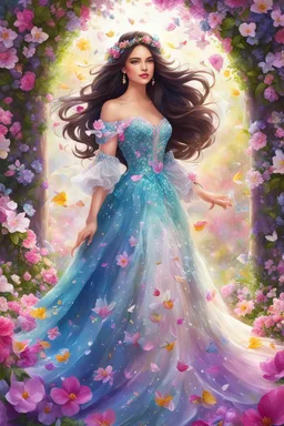 An beautiful girl with long dark hair and a dress of petals, adorned with spring flowers, was a vision of beauty amidst the mesmerizing spell of spring. highly detailed, digital art, beautiful detailed digital art, colorful, high quality, 4k