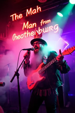 An "Göteborgs kille" performing at dance club, his name is "Mannen från Göteborg" and looks crazy, Balkan things on stage, Neon lights and smog, "Mannen från Göteborg" SIGN ON WALL