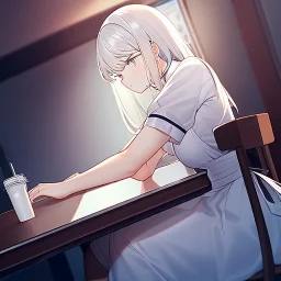 one anime girl in a waitress uniform sitting at a booth in a busy diner with two identical white coffee cups on the table, one white cup is full and the other white cup is empty