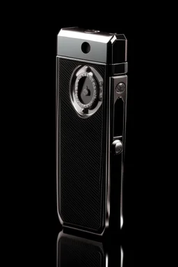 Black cigarette lighter containing a watch engraved with white gold