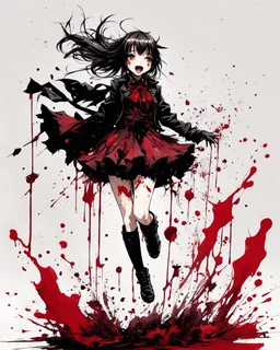 Petit girl goth, jump pose, fullbody, smile, behind blood guts splashes rising from the ground, illustration by <Yoji Shinkawa>, darkred tones,