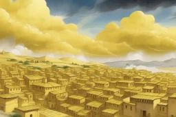 A light yellow Greek town in the cloudy sky designed in ancient Greek pottery painted by Guo Xi