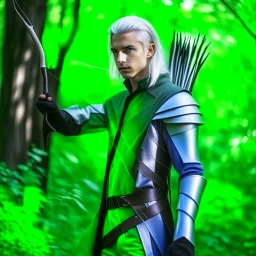 Please create an image for a young elven male with light brown skin, silver hair, and green eyes. He is standing outside in the forest during springtime, wearing leather armor and wielding a large crossbow. He is accompanied by a small mechanical bird and a walking suit of armor