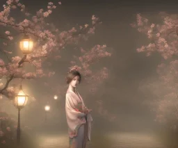 misty foggy area with a girl in a floral kimono in the middle of a bright japanese village at night