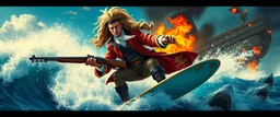 movie poster, pirate shotgun Amadeus Mozart playing with his wig, looking hot and crazy on a surfboard on a big wave, burning ship, and pissed of sharks