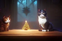  cats Christmas tree decoction high-quality, fine-detail, intricate, digital art, detailed matte, volumetric lighting, dynamic lighting, 3D octane render, Marc Adamus, Ann Prochilo, Romain Veillon,