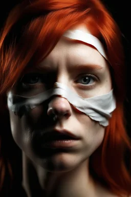 volto deforme di donna bendata con capelli rossi tagliati male